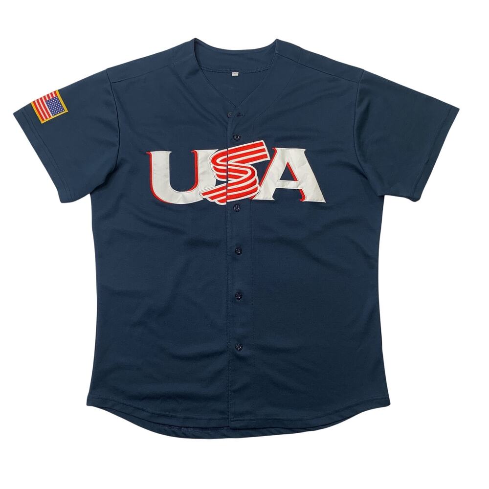 Team USA Baseball Jersey Mens L Large Mike Trout #27 Blue USA Flag Unbranded